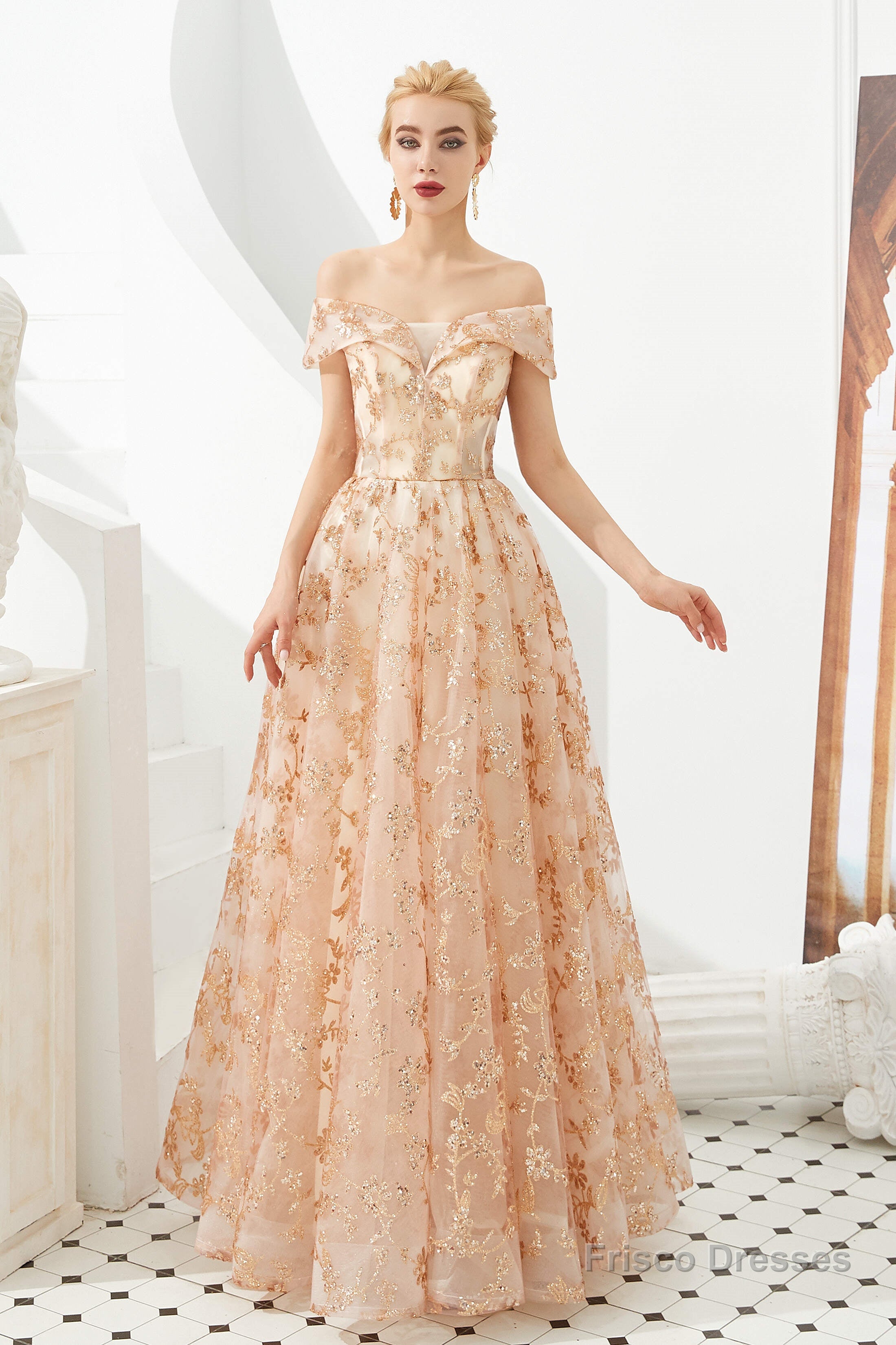Gold Sequin Off the Shoulder A-line Floor Length Lace Prom Dresses Secondary image