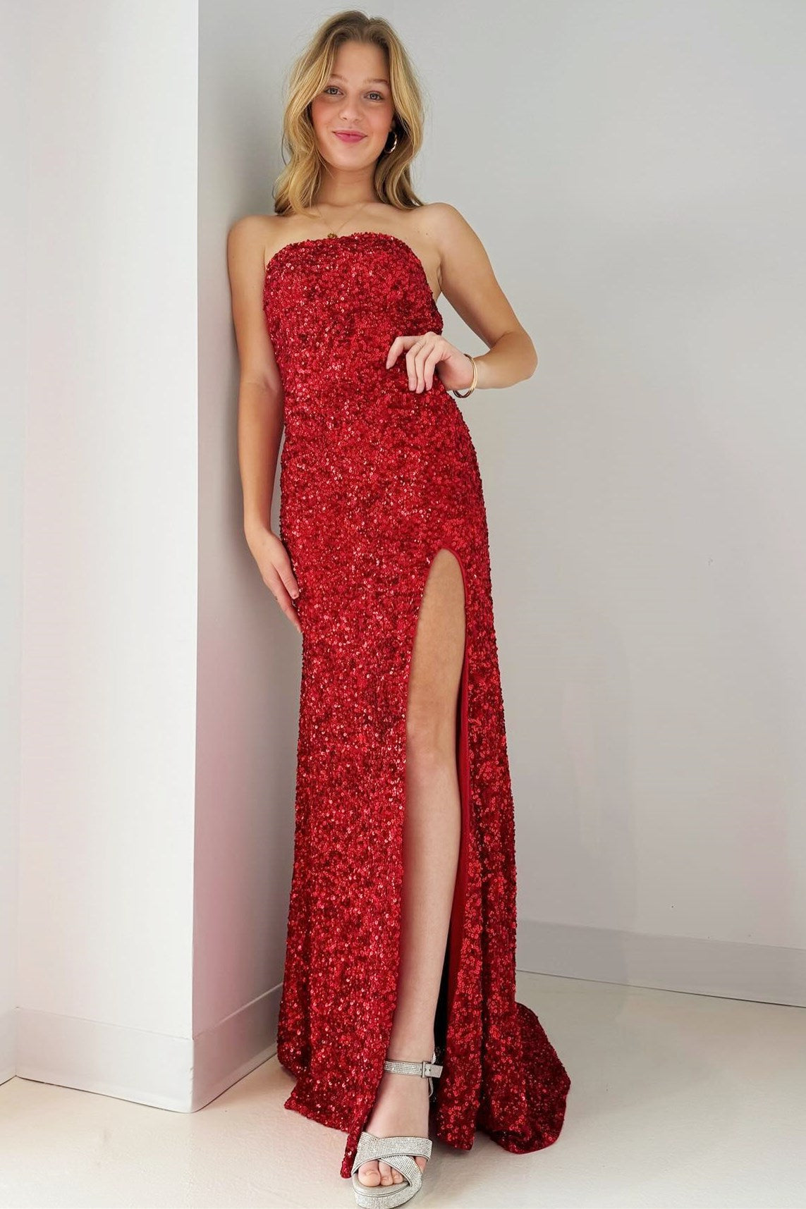 Gold Sequin Strapless Backless Mermaid Long Prom Dress With Slit