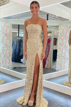 Gold Sequin Strapless Backless Mermaid Long Prom Dress With Slit