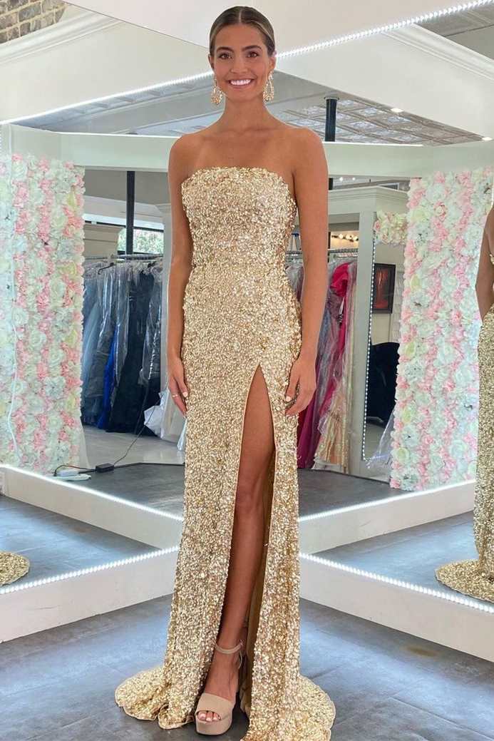 Gold Sequin Strapless Backless Mermaid Long Prom Dress With Slit