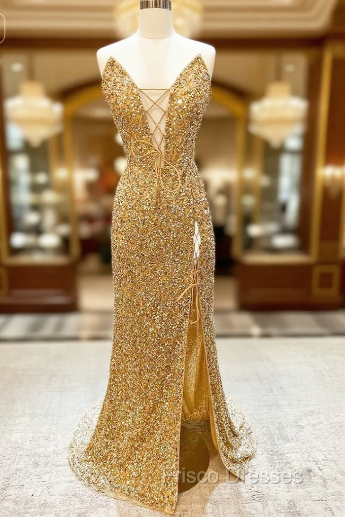 Gold Sequin Strapless Lace-Up Front Long Formal Prom Dress with Slit Main image