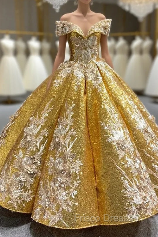 Gold Sequins Ball Gown Appliques Formal Prom Dress Main image