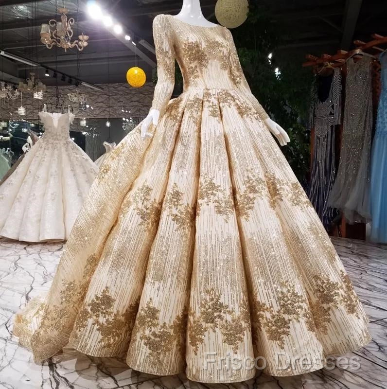 Gold Sequins Ball Gown Wedding Dress Long Sleeves Open Back
