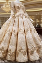 Gold Sequins Ball Gown Wedding Dress Long Sleeves Open Back