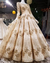 Gold Sequins Ball Gown Wedding Dresses Long Sleeves Open Back