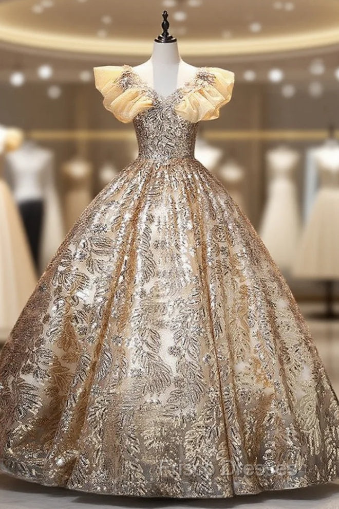 Gold Sequins Bling BlingV-neck Quinceanera Dress Main image