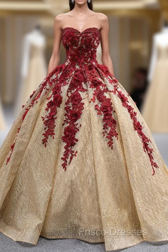 Gold Sequins Burgundy Appliques Strapless Formal Prom Dress Main image