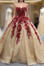 Gold Sequins Burgundy Appliques Strapless Formal Prom Dress