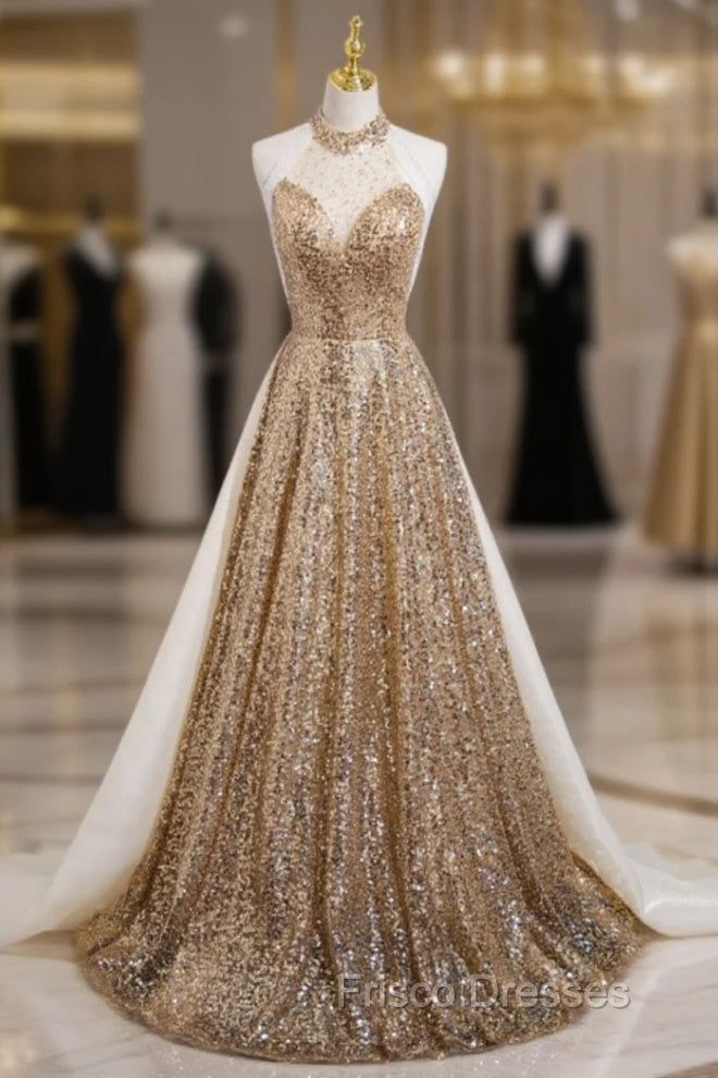 Gold Sequins Halter Backless Beading Formal Prom Dress