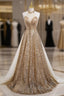 Gold Sequins Halter Backless Beading Formal Prom Dress
