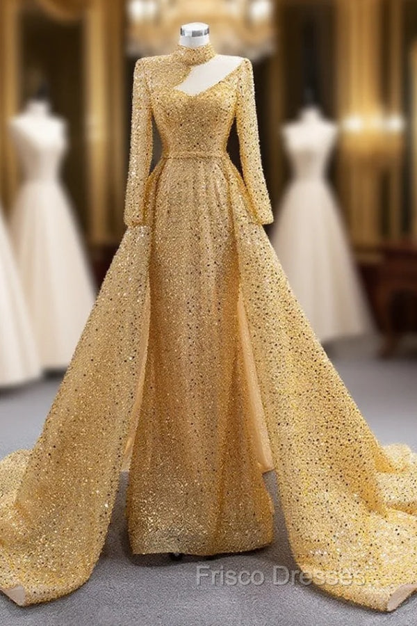 Gold Sequins High Neck Long Sleeve Pearls Formal Prom Dress