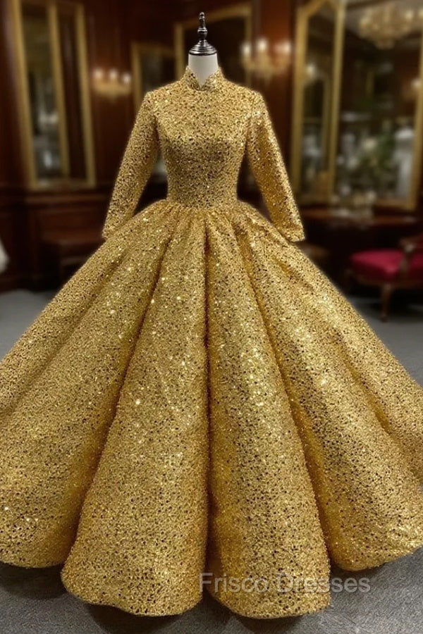 Gold Sequins High Neck Long Sleeve Formal Prom Dress Main image