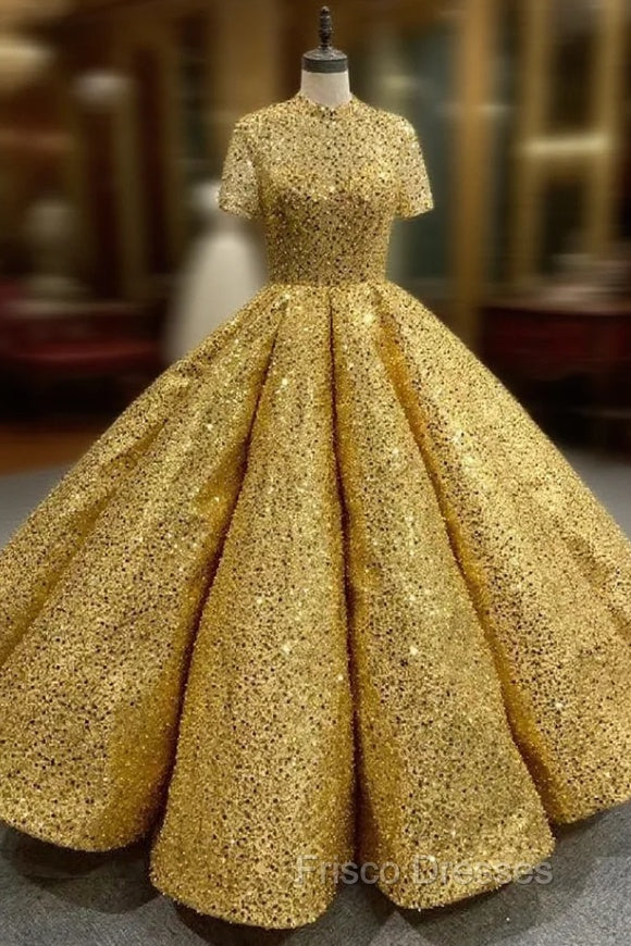 Gold Sequins High Neck Short Sleeve Formal Prom Dress