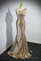 Gold Sequins Long Prom Dress, Mermaid One Shoulder Evening Party Dress