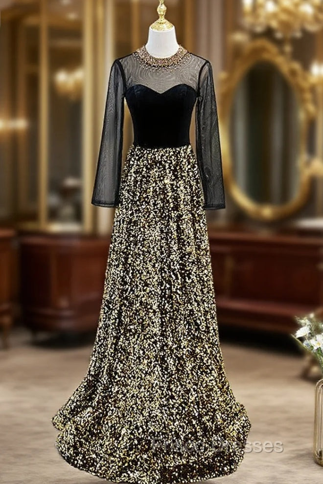 Gold Sequins Long Sleeve Backless Beading Formal Prom Dress