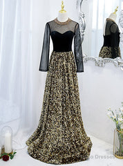 Gold Sequins Long Sleeve Backless Beading Prom Dress