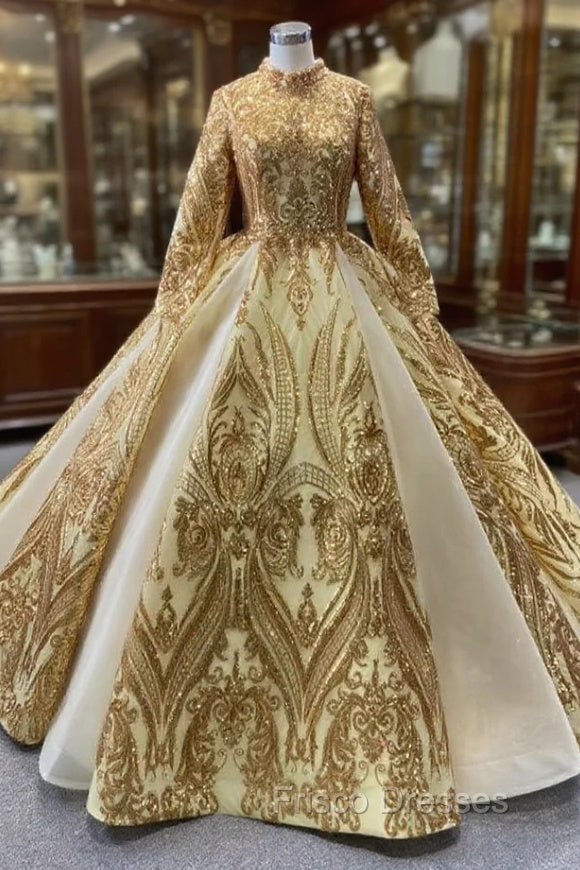 Gold Sequins Long Sleeve High Neck Formal Prom Dress Main image