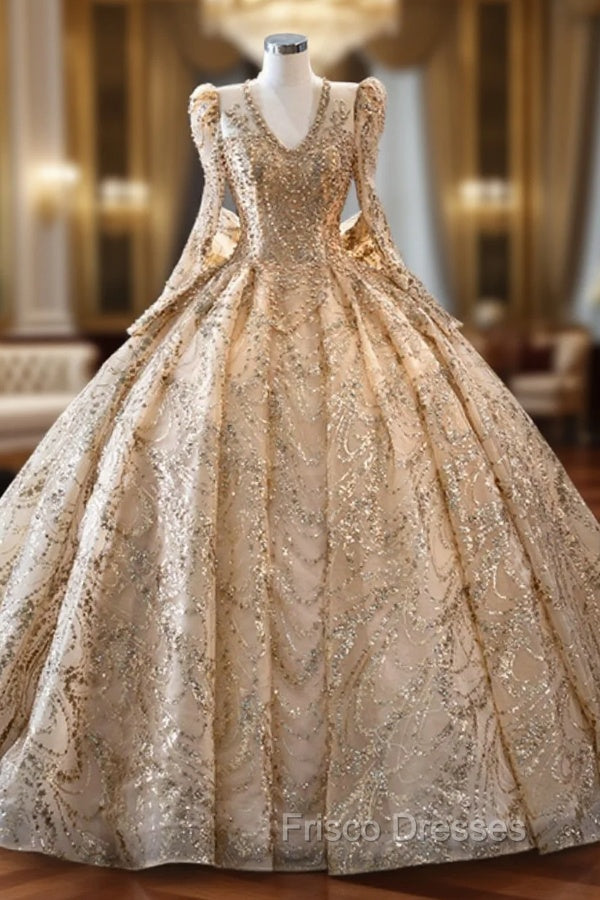Gold Sequins Long Sleeve V-neck Formal Prom Dress Main image