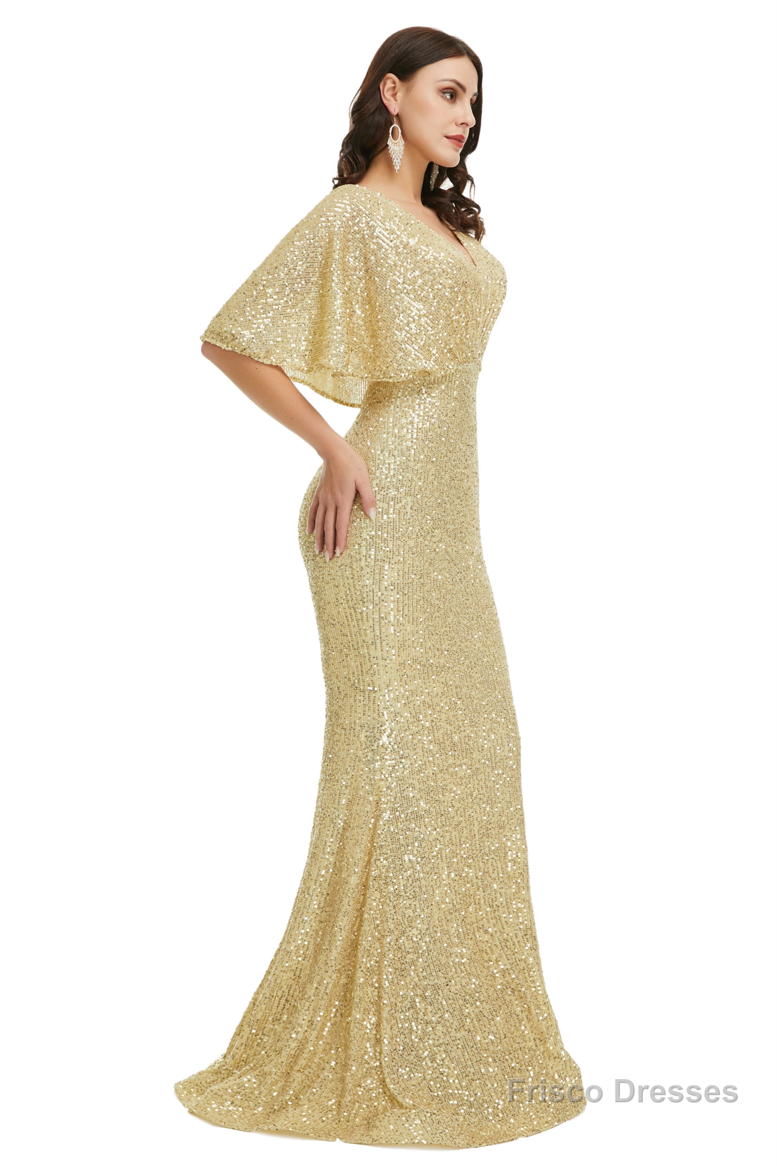 Sequins Mermaid Cape Sleeves V Neck Prom Dresses
