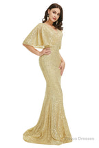 Sequins Mermaid Cape Sleeves V Neck Prom Dresses