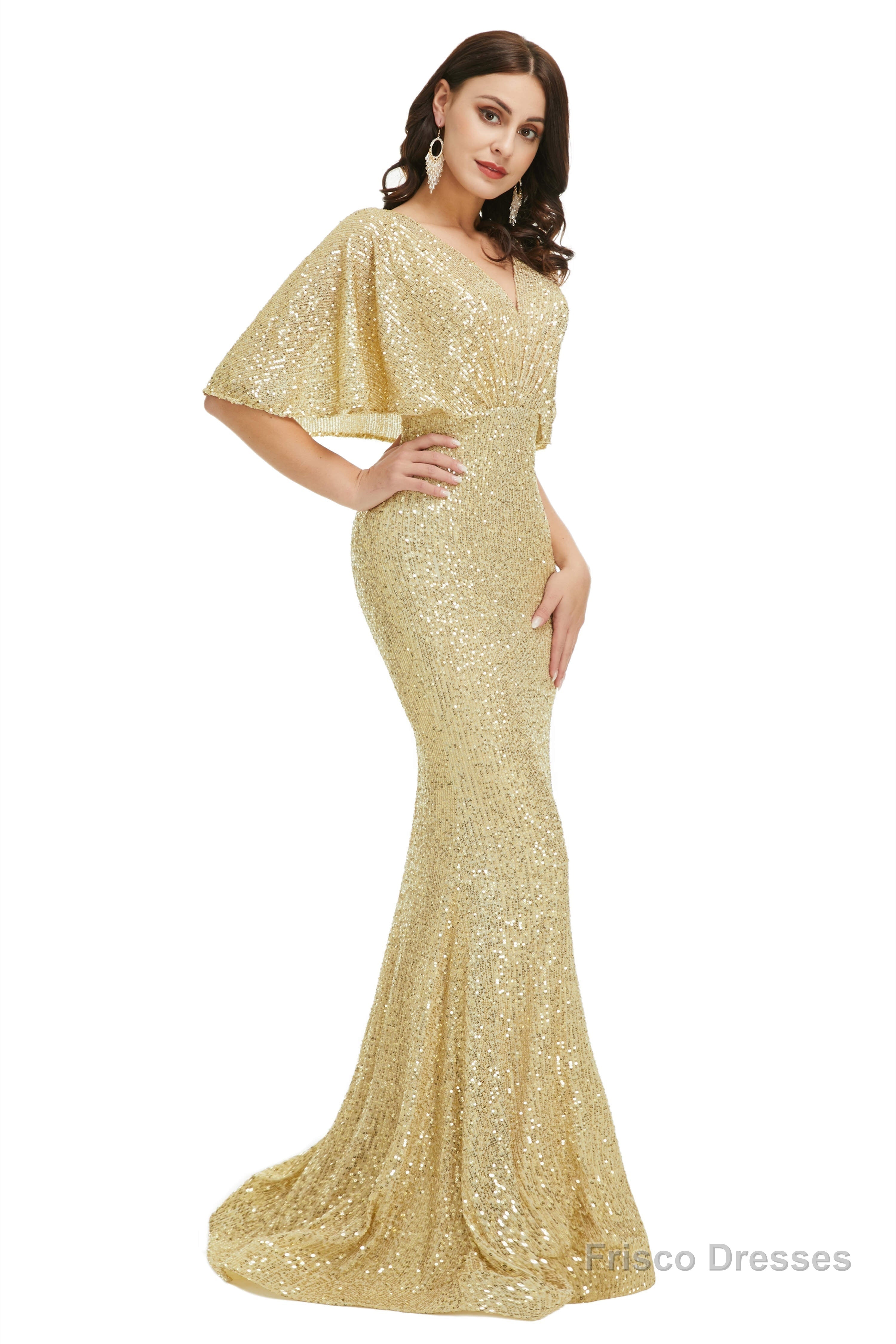 Sequins Mermaid Cape Sleeves V Neck Prom Dresses