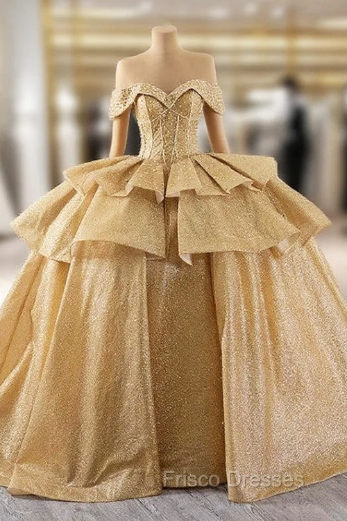 Gold Sequins Off the Shoulder Beading Formal Prom Dress Main image