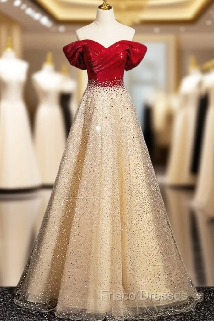 Gold Sequins Off the Shoulder Crystal Formal Prom Dress Main image