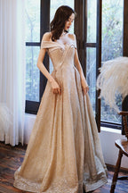 Gold Sequins Off The Shoulder Prom Dress, Shiny A-Line Evening Party Dress