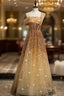 Gold Sequins One Shoulder Pleats Corset Formal Prom Dress