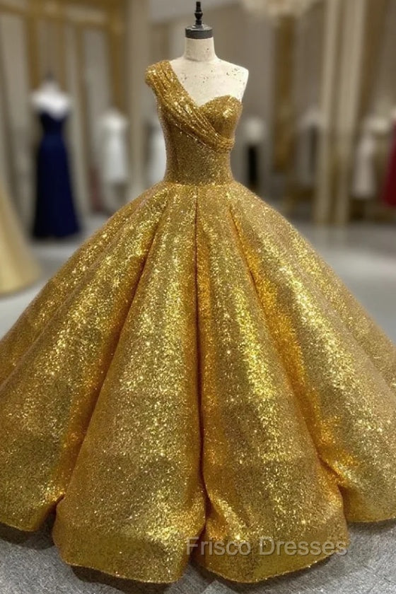 Gold Sequins One Shoulder Formal Prom Dress Main image