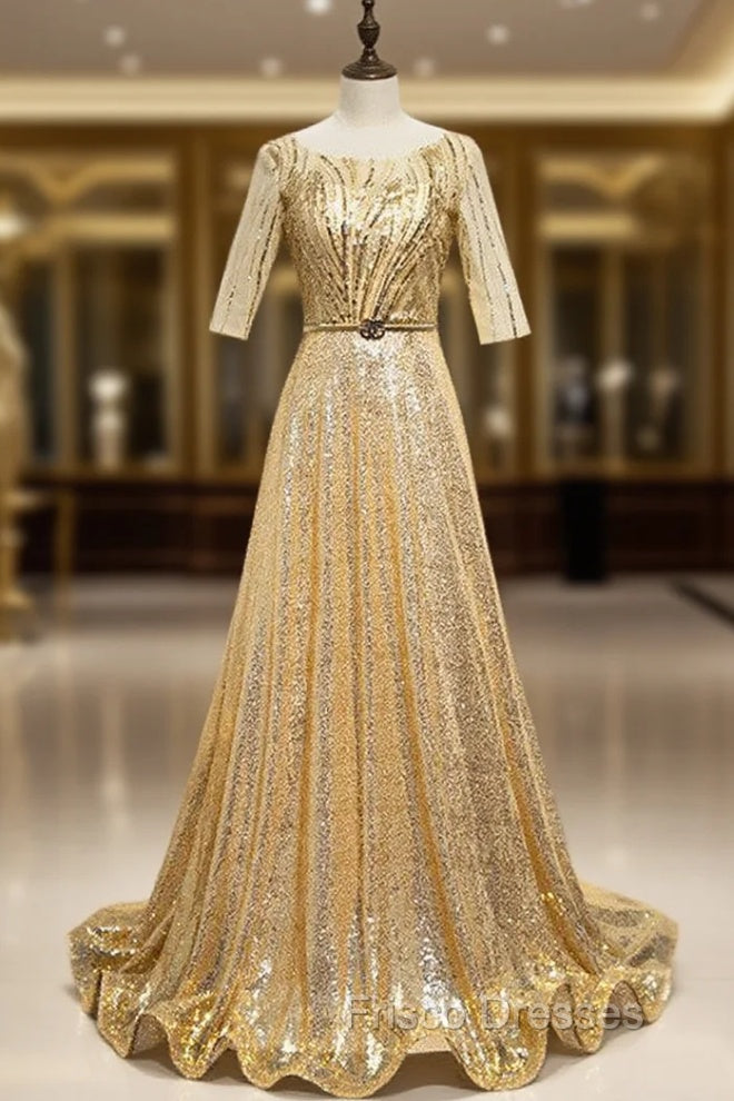 Gold Sequins Short Sleeve Formal Prom Dress With Belt Main image