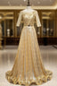 Gold Sequins Short Sleeve Formal Prom Dress With Belt
