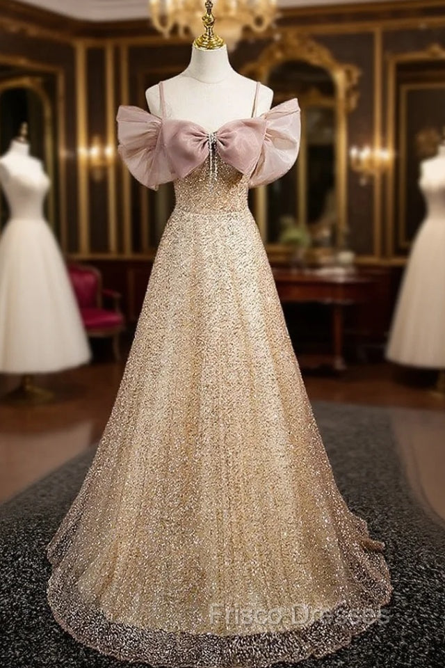 Gold Sequins Spaghetti Straps Bow Formal Prom Dress