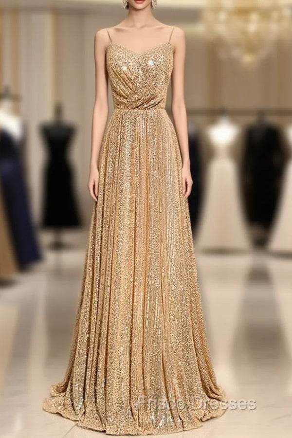 Gold Sequins Spaghetti Straps Formal Prom Dress