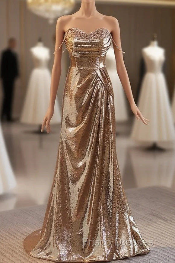Gold Sequins Strapless Pleats Formal Prom Dress