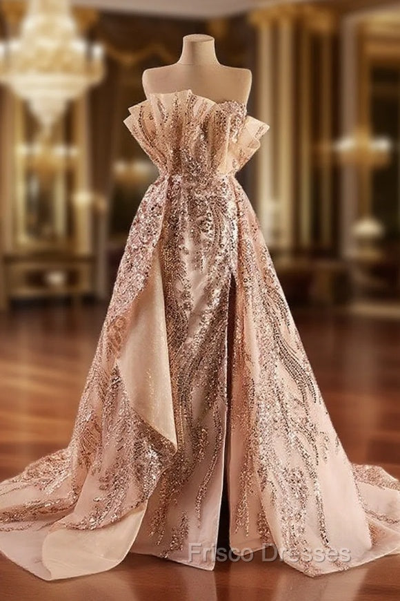 Gold Sequins Strapless Split Formal Prom Dress