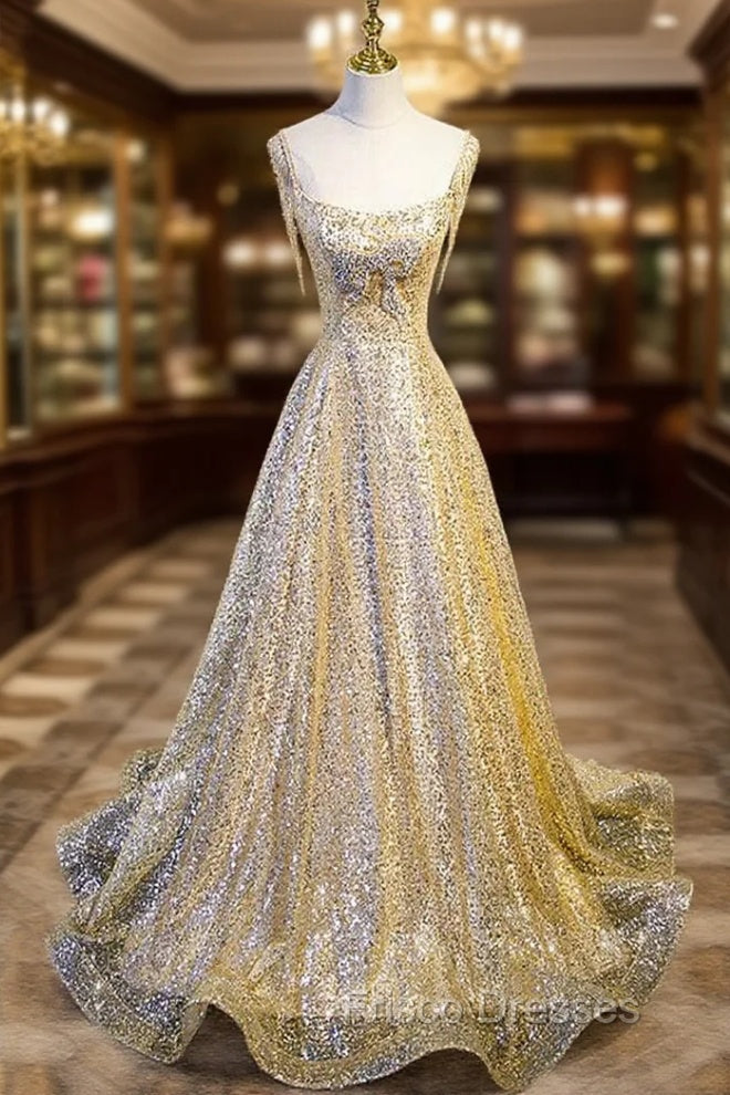 Gold Sequins Straps Beading Formal Prom Dress