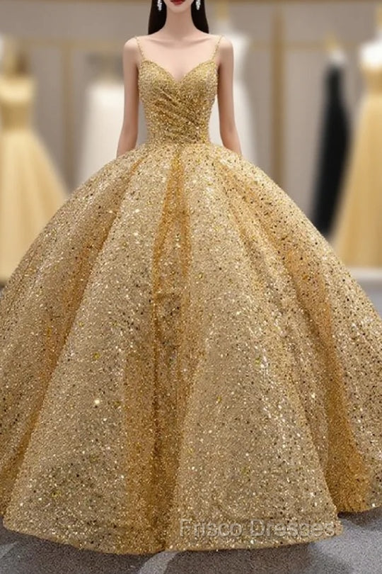 Gold Sequins Straps Pearls Formal Prom Dress Main image