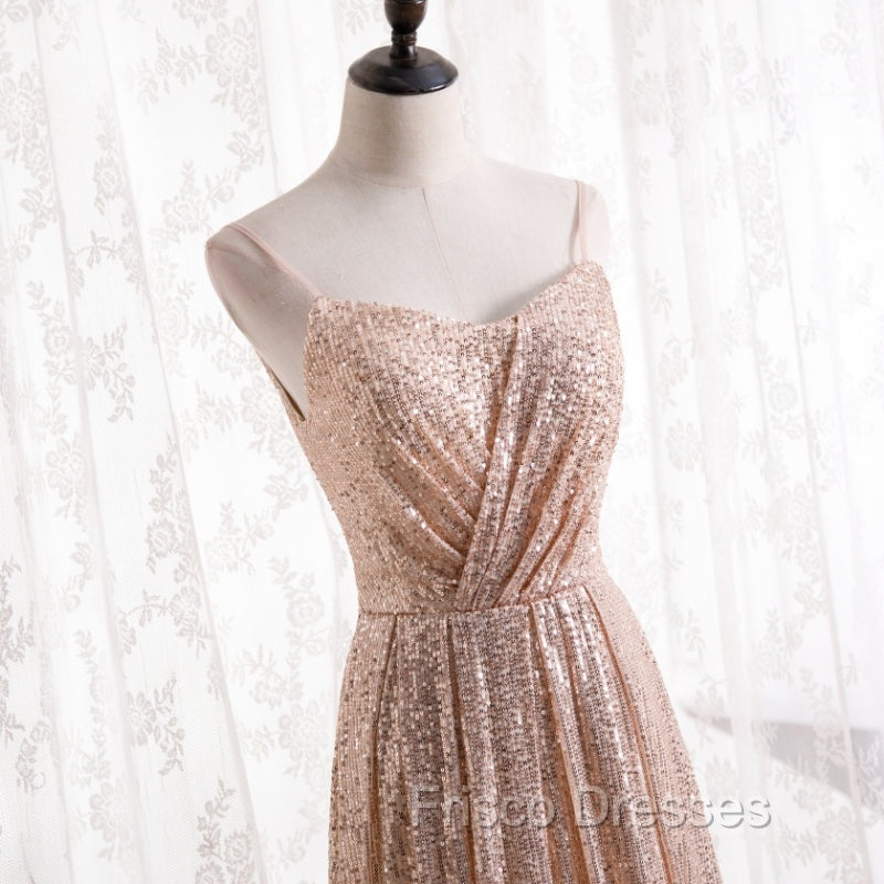 Gold Sequins Sweetheart Simple Spaghetti Straps Long Party Dress, Sequins Formal Prom Dress Bridesmaid Dress