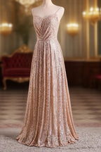 Gold Sequins Sweetheart Simple Spaghetti Straps Long Party Dress, Sequins Formal Prom Dress Bridesmaid Dress