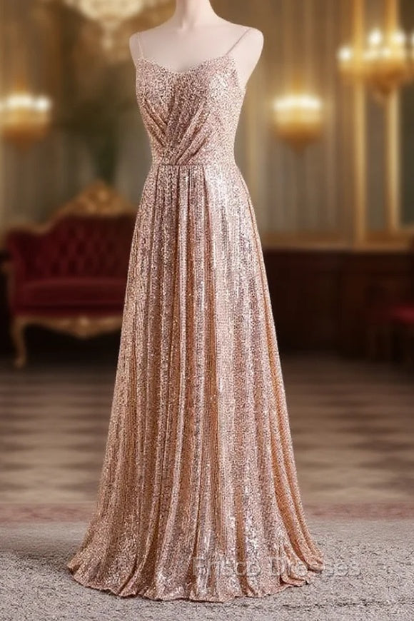 Gold Sequins Sweetheart Simple Spaghetti Straps Long Party Dress, Sequins Formal Prom Dress Bridesmaid Dress