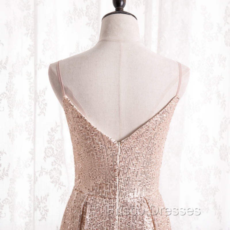 Gold Sequins Sweetheart Simple Spaghetti Straps Long Party Dress, Sequins Formal Prom Dress Bridesmaid Dress