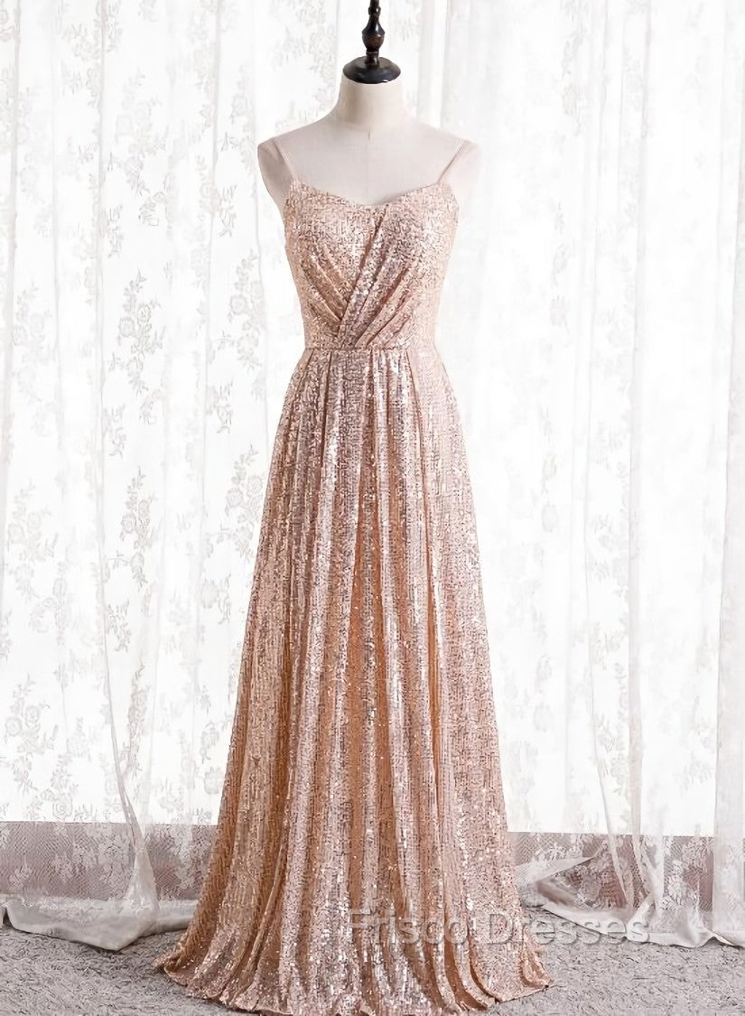 Gold Sequins Sweetheart Simple Spaghetti Straps Long Party Dress, Sequins Formal Prom Dress Bridesmaid Dress Main image