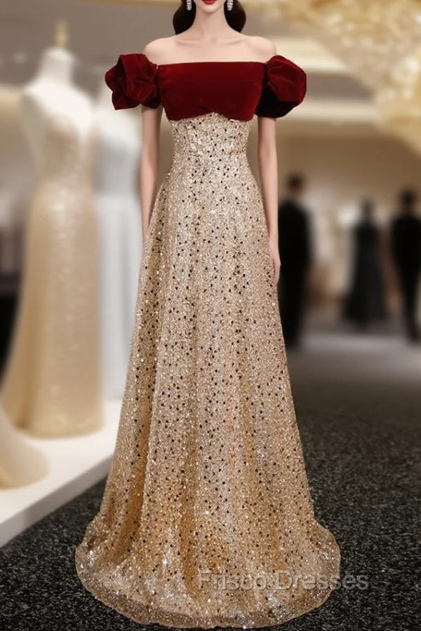 Gold Sequins Velvet Off the Shoulder Formal Prom Dress Main image