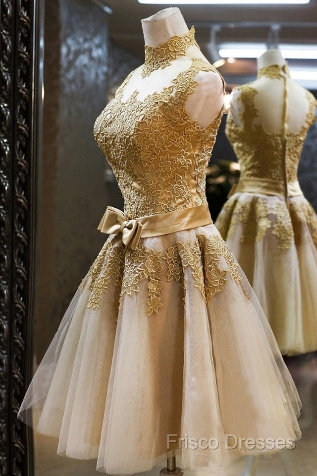 Gold Short Knee Length Lace Homecoming Dress , Short Formal Prom Dress, Pretty Formal Dress Secondary image