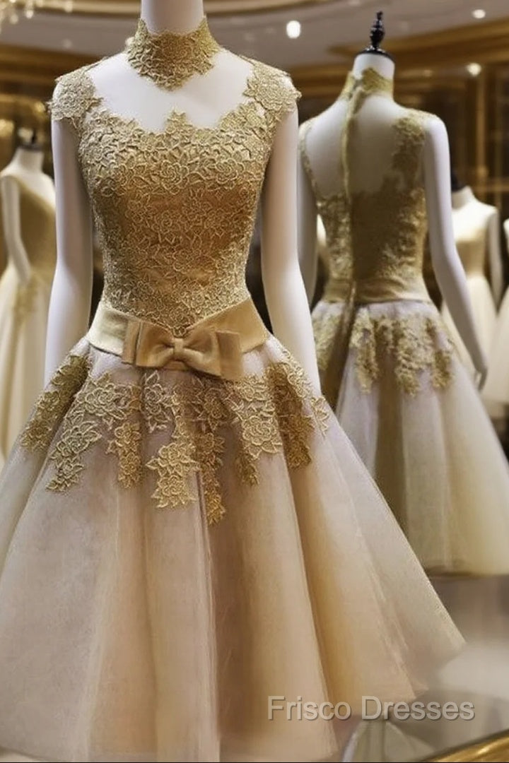 Gold Short Knee Length Lace Homecoming Dress , Short Formal Prom Dress, Pretty Formal Dress Main image