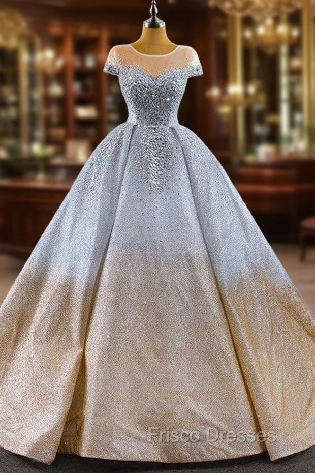 Gold Silver Ball Gown Sequins Cap Sleeve Crystal Formal Prom Dress Main image