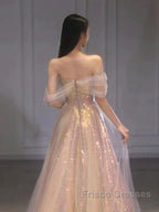 Gold Sparkle A Line Tulle Sequin Long Formal Prom Dress