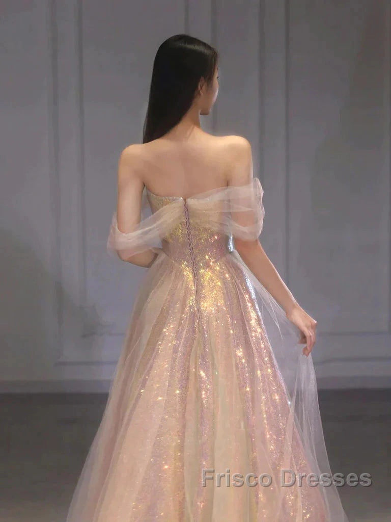 Gold Sparkle A Line Tulle Sequin Long Formal Prom Dress
