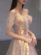 Gold Sparkle A Line Tulle Sequin Long Formal Prom Dress